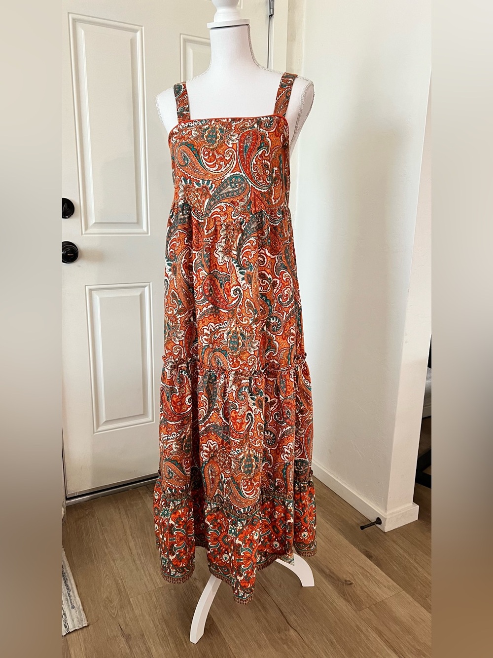 Boho Orange Paisley Tiered Maxi Dress
